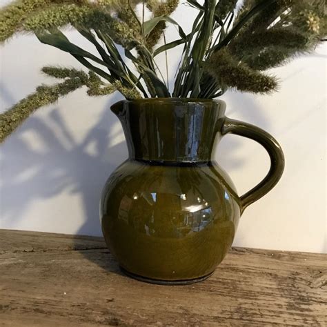 Vintage Pitcher In Khaki Green Enameled Terracotta Etsy