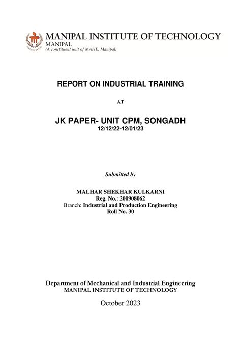 Industrial Training Report Report On Industrial Training At Jk Paper