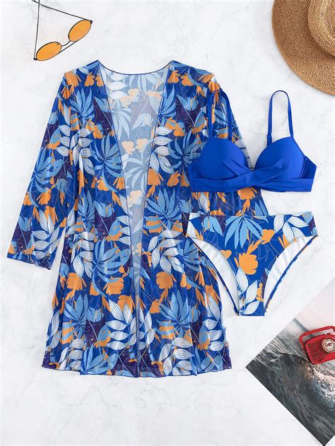 Tropical Print Underwire Bikini Swimsuit With Kimono Shein Uk