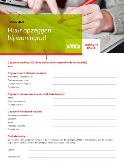 Fillable Online Formulier Huur Opzeggen Bij Woningruil Home Swz Fax