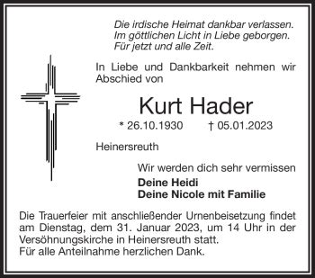 Traueranzeigen Von Kurt Hader Nordbayerischer Kurier