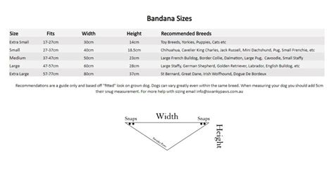 Dog Bandana Size Chart Swanky Paws. This chart shows a list of xs-xl ...