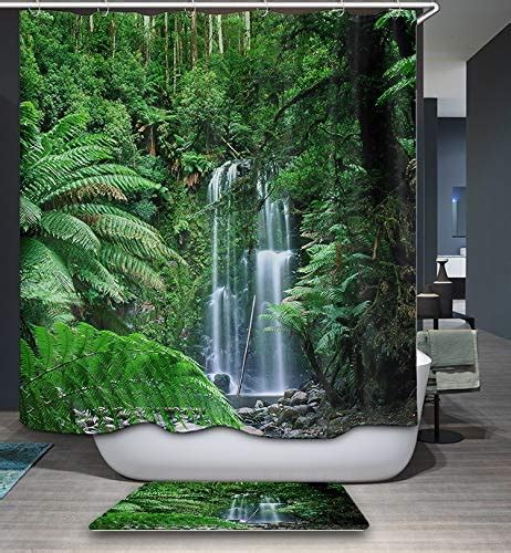 Rainforest Shower Curtain Tropical Green Leaves Great Waterfall