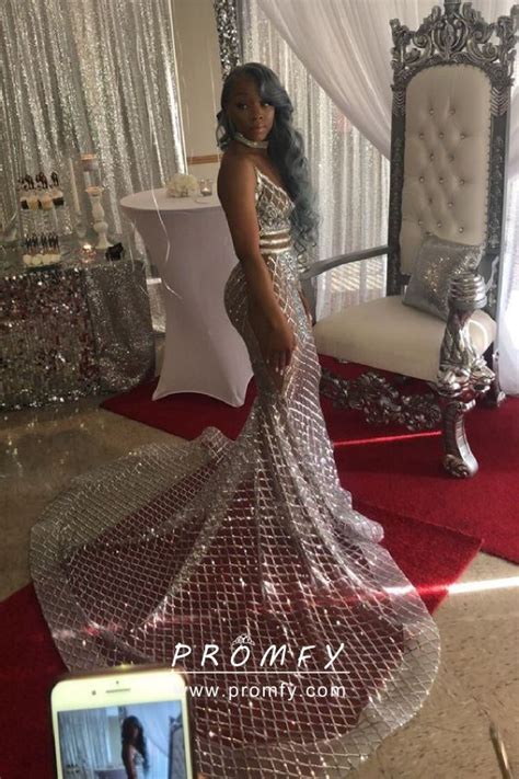 Silver Diamond Mesh Sequin Mermaid Long Prom Dress Mermaid Prom