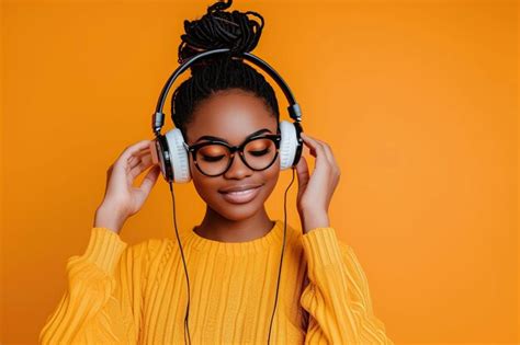 Premium Photo Young African American Woman Wearing Headphones On A