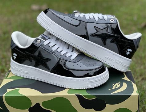 A Bathing Ape Bape Sta Low Camo Sneakers In Patent Grey Black White