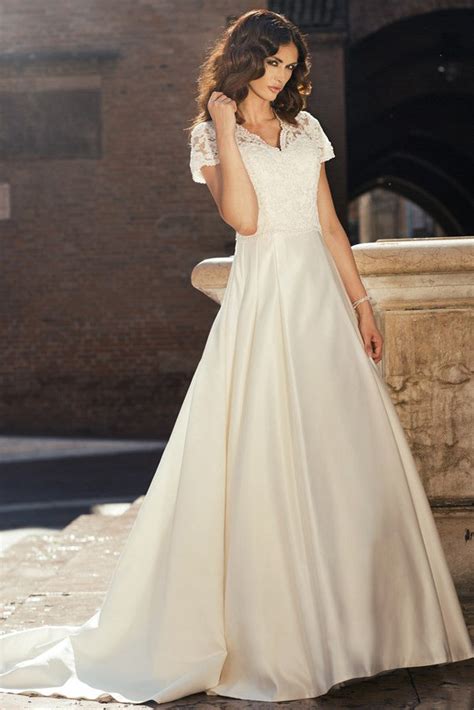 A Line Short Sleeve V Neck Floor Length Satinandlace Wedding Dress Mk70 Dorrisdress