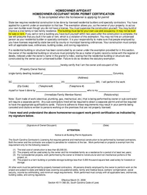 Fillable Online Homeowners Affidavit Homeowner Occupant Work Permit