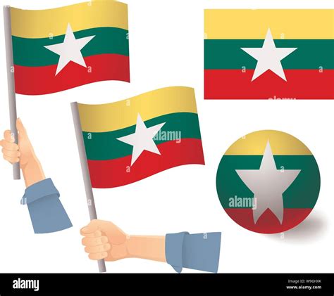 Myanmar Flag In Hand Set Ball Flag National Flag Of Myanmar Vector