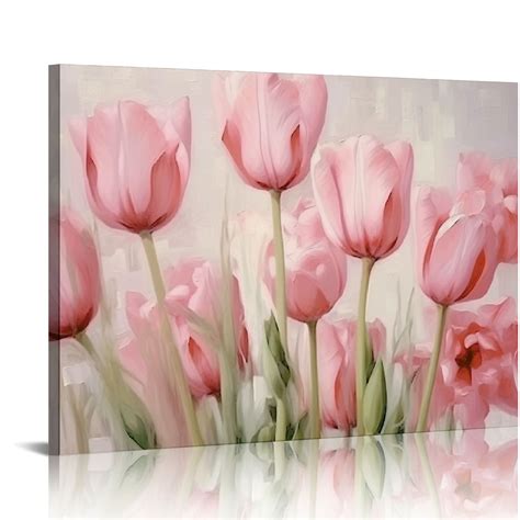 Onetech Canvas Wall Art Spring Pink Tulip Flowers Landscape Pictures