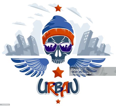 Skull In Sunglasses And Hat Urban Theme Vector Logo Or Emblem Gangster Or Thug Illustration