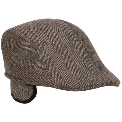 Brown Herringbone Patterned Warm Semi Woolen Golf Cap With Ear Flaps ...