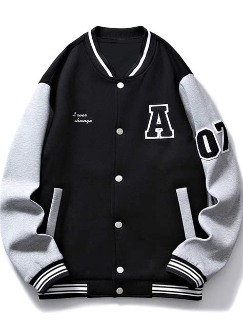 Black Casual Collar Long Sleeve Fabric Colorblock Letter Varsity