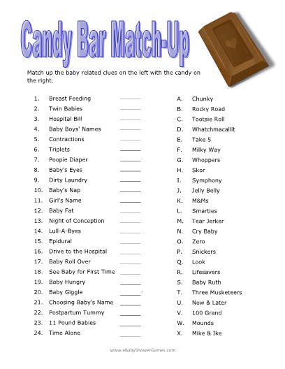 Printable Candy Bar Match Up Game Baby Shower