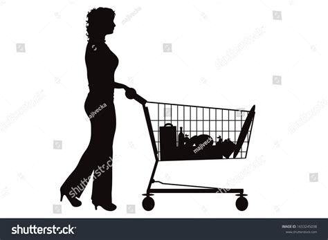 Vector Silhouette Woman Push Shopping Cart Stock Vector Royalty Free