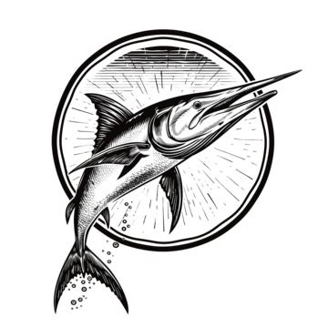 Atlantic Blue Marlin Jumping Upward Retro Woodcut Black And White