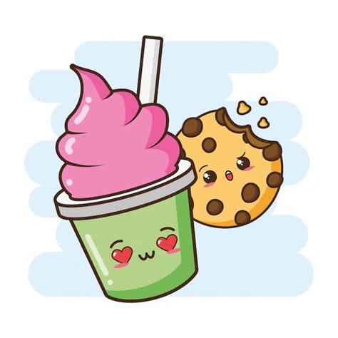 Kawaii comida rápida lindo helado y galleta ilustración Vector Gratis