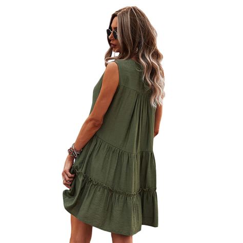 Army Green V Neck Ruffle Detail Sleeveless Mini Dress Tqk310564 27