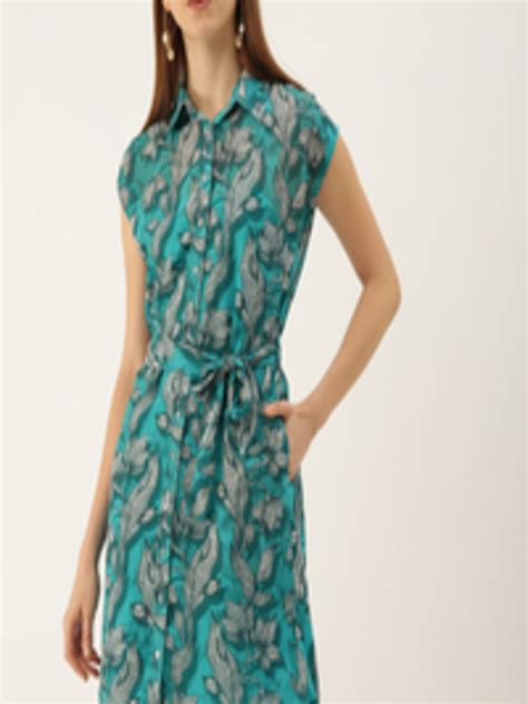 Buy Mast And Harbour Teal Green Floral Printed Belted Shirt Dress