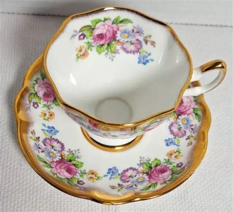 Vtg Salisbury Tea Cup Saucer Floral Pink Roses Gold Trim Bone China