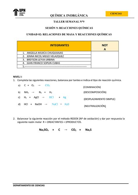 S9 Taller Grupal 4 Química Taller Semanal N° SesiÓn 9 Reacciones