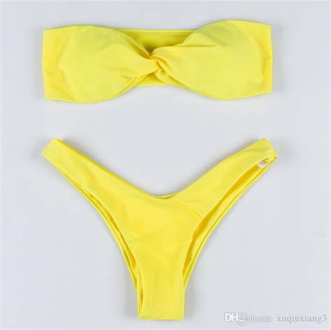 Lemon Print Twist Bandeau Bikini Set Strapless High Leg Thong Swimsuit