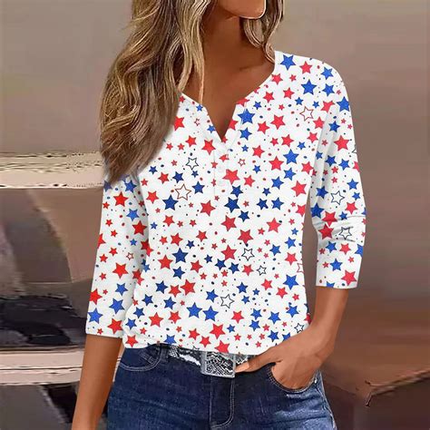 Dengdeng 4th Of July Shirts For Women American Flag Printed Womens Plus Size Tops 34 Sleeve