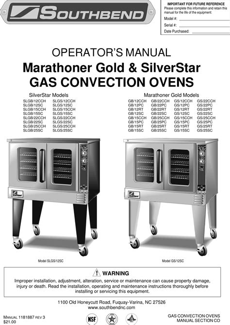 Southbend Marathoner Users Manual Gold & SilverStar Gas Convection Ovens Operator's