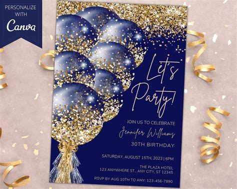 Editable Navy Blue Gold Balloons Birthday Invitation Printable Party Invite Let S Party Any