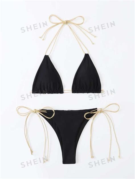 Shein Swim Sxy Metallic String Bikini Set Halter Triangle Bra Thong