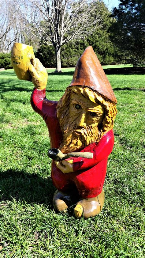 Drunk Chainsaw Carved Gnome Front View Carving Chainsaw Carving