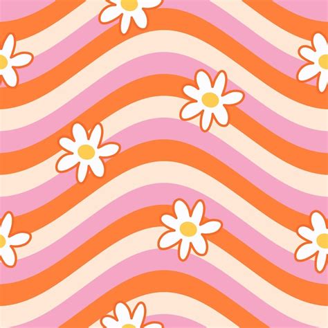 Premium Vector | 1970 daisy seamless pattern on retro orange, pink wavy ...