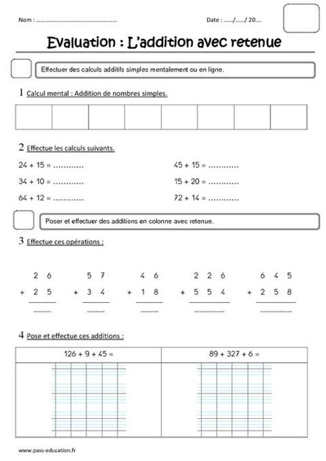 Addition Avec Retenue Ce1 Evaluation Ce1 Evaluation Math Ce1