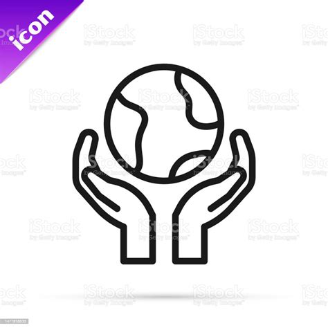 Black Line Human Hands Holding Earth Globe Icon Isolated On White