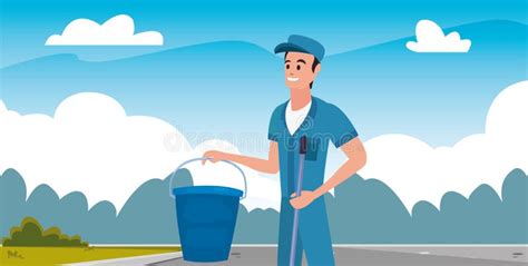 Worker Cleaning Man Bucket And Mop Stock Illustration Illustration Of