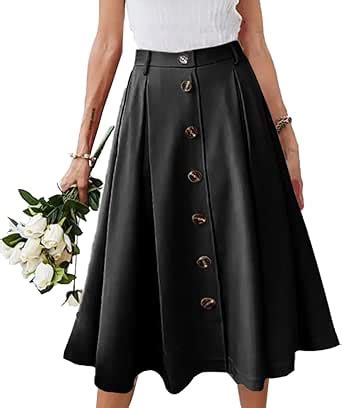 Herbatomia Midi Skirt Elastic Waist Button Front Casual Flared Long