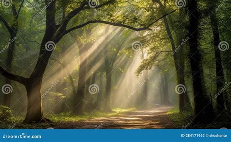 Beautiful Rays of Sunlight in a Green Forest Stock Illustration ...