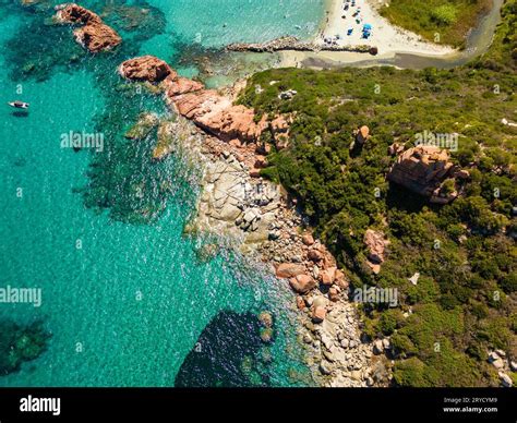 Aerial drone panoramic view of the Cea beach with the Red Rocks