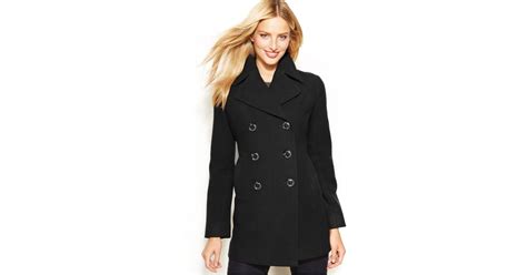 Kenneth Cole Reaction Petite Double Breasted Wool Blend Pea Coat In