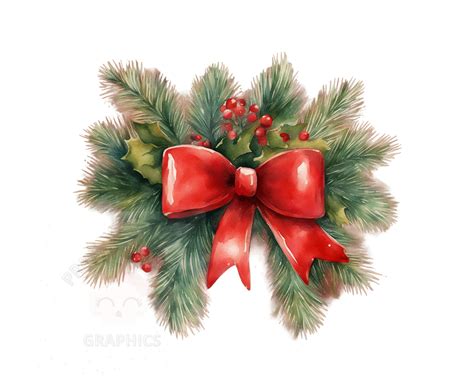 Christmas Bow and Holly Clipart, PNG Instant Download File, Digital ...