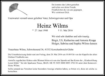 Alle Traueranzeigen F R Heinz Wilms Trauer Rp Online De