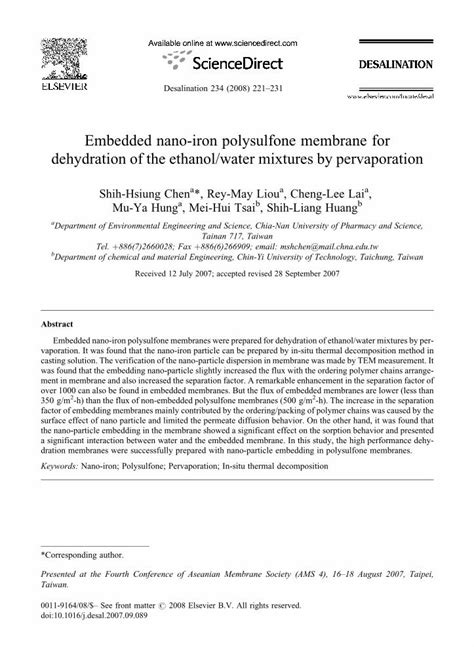 Pdf Embedded Nano Iron Polysulfone Membrane For Dehydration Of The