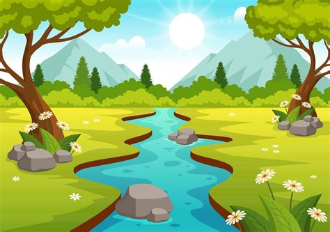 Fluss Landschaft Illustration Mit Aussicht Berge Gr N Felder B Ume