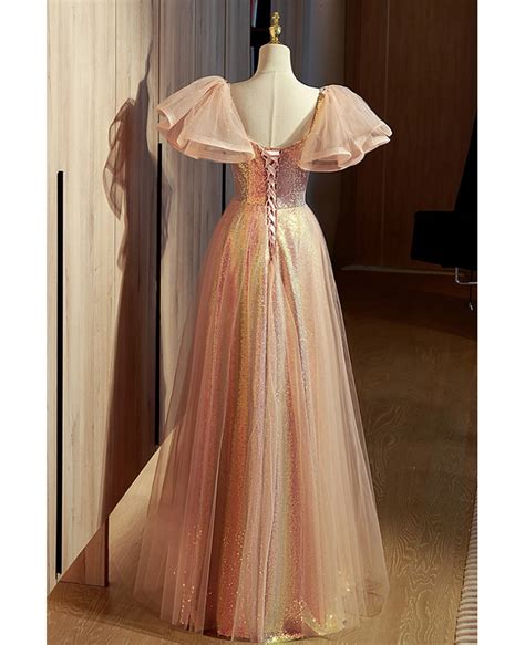 Lovely Bow Knot Champagne Aline Tulle Prom Dress With Puffy Sleeves