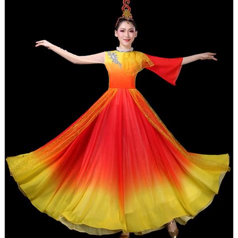 Women S Hanfu Chinese Folk Dance Costumes Red With Yellow Gradient Colored Drummer Fairy Fan