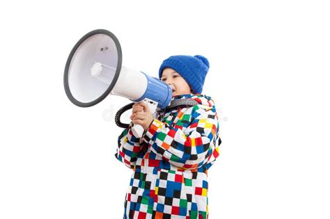 Little Boy Shouting With A Megaphone Children Yelling Into A Megaphone