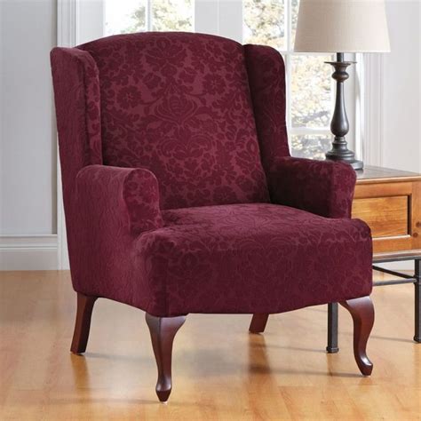 Awesome Red Burgundy Velvet Wingback Chair Cover With Classic Floral