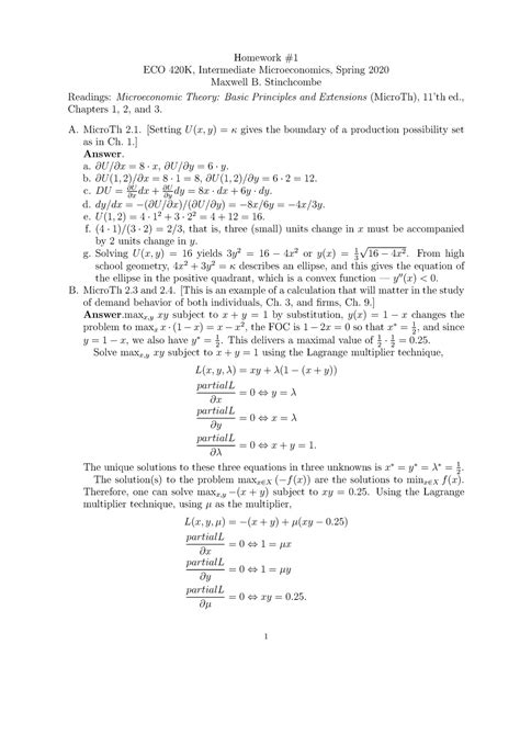 Solns 01 Spring 2020 HW 1 Solutions Homework ECO 420K