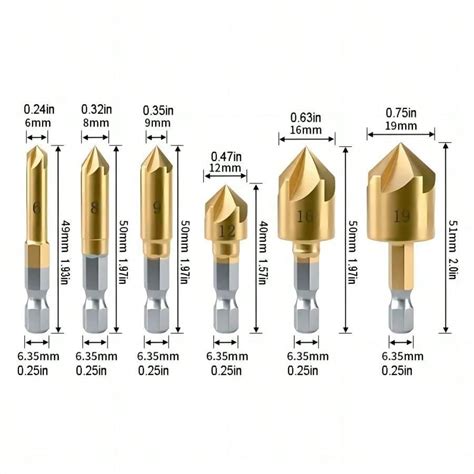 6pcs 5 Slot Chamfering Drill Bit Set 6 19mm 90 Degree High Speed Steel