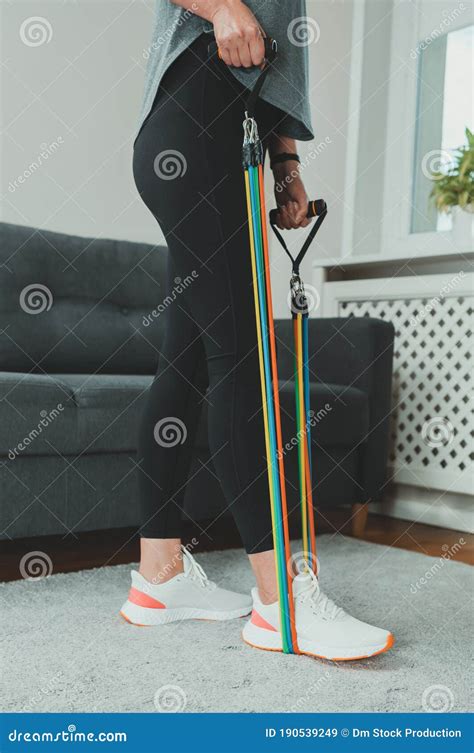 Woman Doing Exercises With Resistance Bands Stock Image Image Of